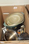 BOX CONTAINING KITCHEN ITEMS INCLUDING SAUCEPANS, IMPLEMENTS ETC