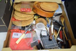 BOX CONTAINING CORK MATS, TURNED WOODEN BOWLS ETC