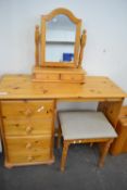 MODERN VARNISHED PINE DRESSING TABLE, WIDTH APPROX 99CM AND MATCHING UPHOLSTERED STOOL AND SWING