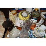 BOX OF HOUSEHOLD CERAMICS AND GLASS INCLUDING PLATES, COLOURED GLASS VASE AND DECANTER ETC