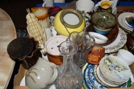 BOX OF HOUSEHOLD CERAMICS AND GLASS INCLUDING PLATES, COLOURED GLASS VASE AND DECANTER ETC