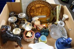 BOX CONTAINING VARIOUS CLEARANCE CERAMICS, METAL WARES, CLOCKS ETC