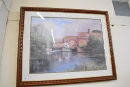 FRAMED PRINT OF A WATERMILL, SIZE APPROX 96 X 76CM