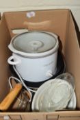 BOX CONTAINING KITCHEN WARES, JELLY MOULDS ETC