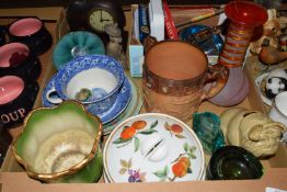 BOX OF CERAMICS, ROYAL WORCESTER LIDDED POT, PUB/TOBACCO INTEREST ITEMS PLUS TWO CORKSCREWS ETC