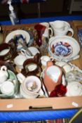 BOX OF HOUSEHOLD CERAMICS INCLUDING ROYAL COMMEMORATIVE WARES, VINTAGE BOTTLES ETC