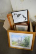 BOX ASSORTMENT FRAMED PRINTS INCLUDING NORWICH CATHEDRAL, SMALL ORIENTAL PRINT OF A CAT AND