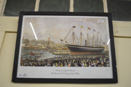 LARGE FRAMED PRINT OF THE LAUNCH OF BRUNEL'S SHIP SS GREAT BRITAIN IN 1843, SIZE APPROX 76 X 75CM