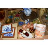 BOX OF CERAMICS, METAL WARES, COASTERS, BOXED SPOON SETS ETC