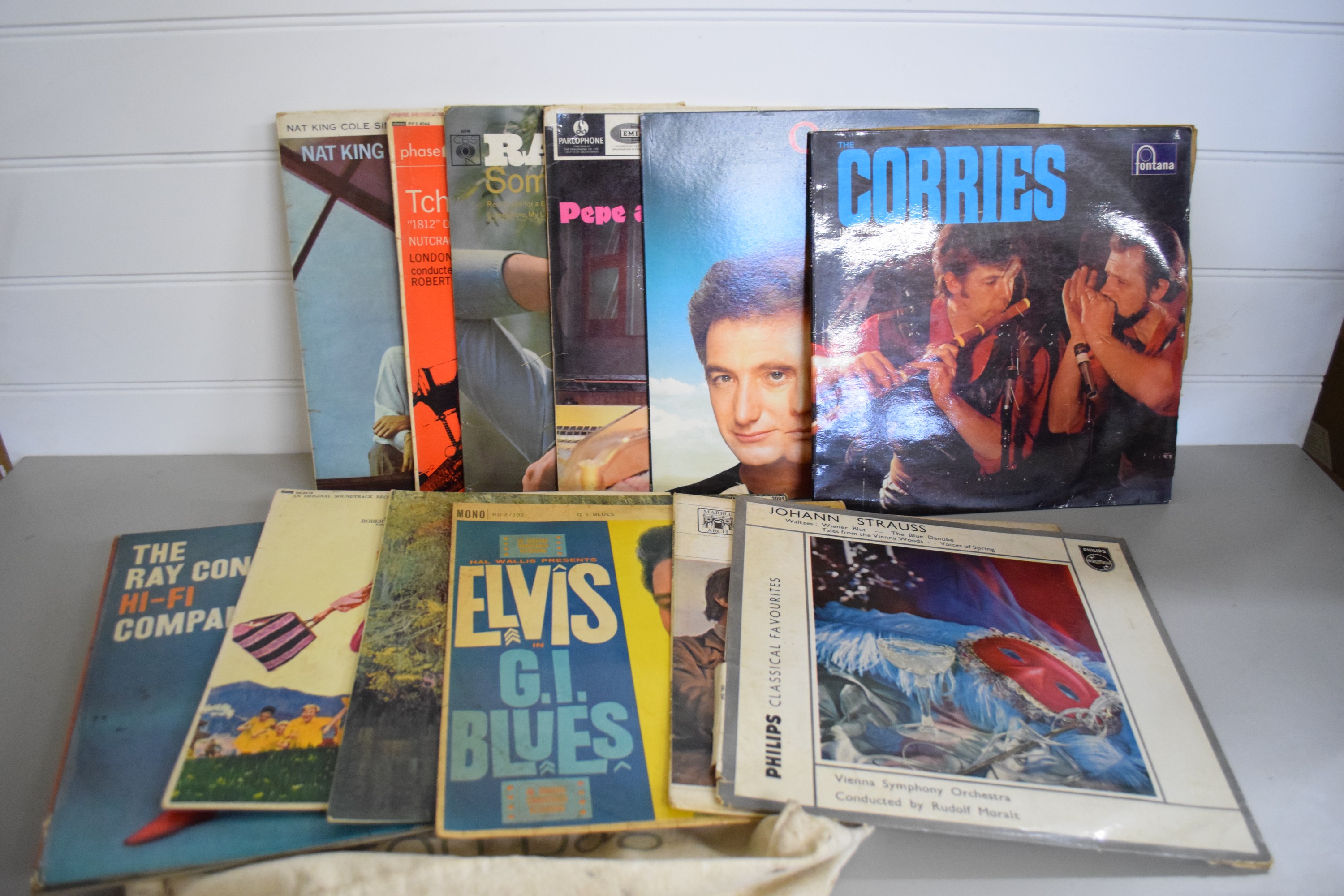 BAG CONTAINING CLASSICAL AND EASY LISTENING MUSIC LP RECORDS, ELVIS PRESLEY, G I BLUES ETC