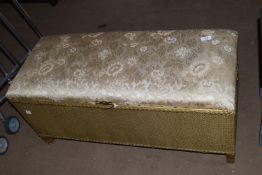 LLOYD LOOM STYLE UPHOLSTERED OTTOMAN AND CONTENTS, VARIOUS BLANKETS ETC, LENGTH 92CM APPROX