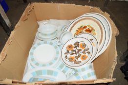 BOX CONTAINING MYOTT RYEDALE PLATES AND QTY OF OPAQUE GLASS 1960S TEA SET