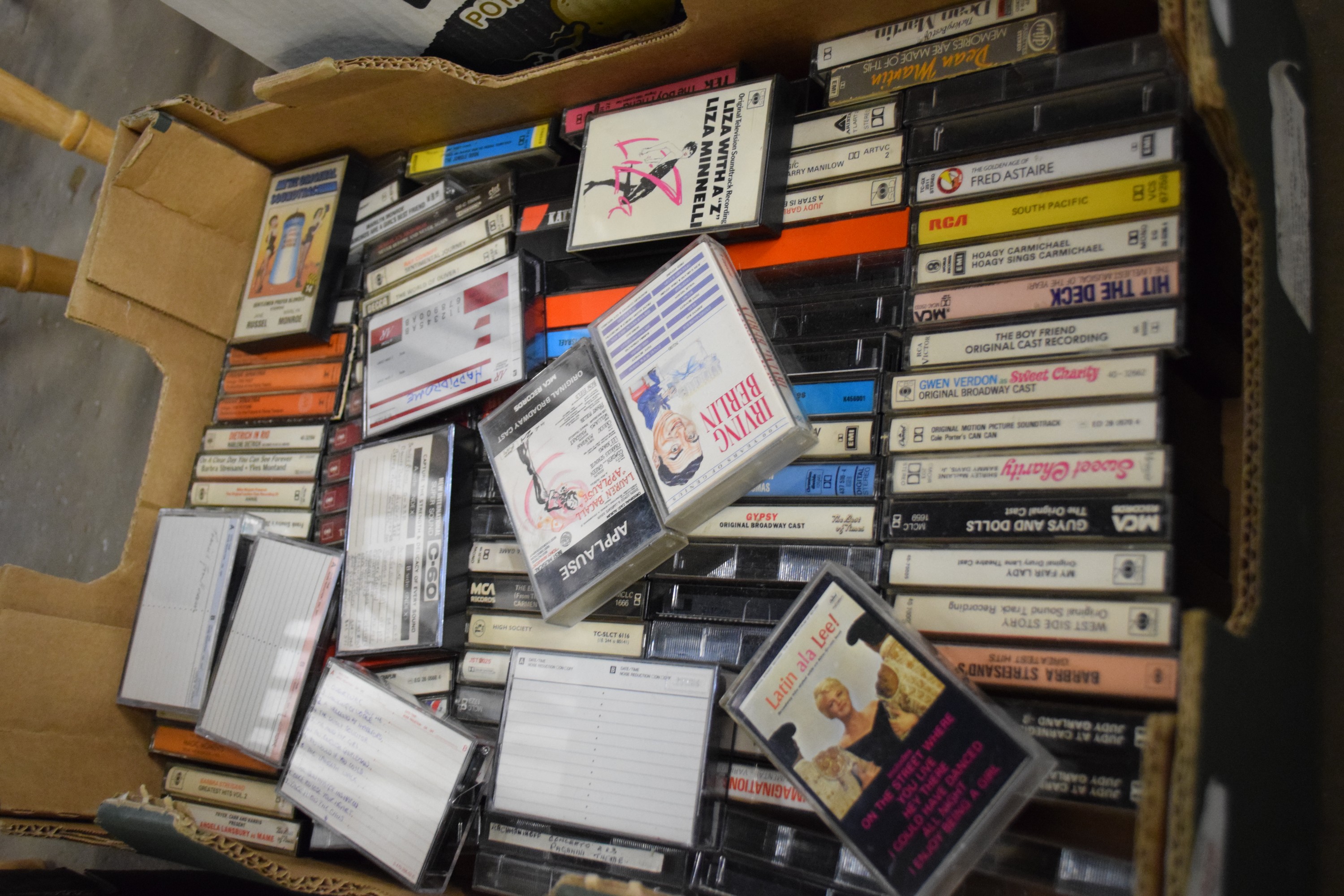 BOX CONTAINING LARGE QUANTITY OF PRE-RECORDED CASSETTE TAPES INCLUDING FRED ASTAIRE, JUDY GARLAND