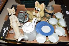 BOX CONTAINING VARIOUS CERAMICS INCLUDING STEINS, COFFEE CUPS ETC