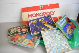 BAG OF VARIOUS VINTAGE GAMES INCLUDING MONOPOLY, SPACE RACE, HOME FARM, JIGSAW ETC