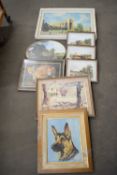 LARGE FRAMED PRINT OF KINGS COLLEGE, CAMBRIDGE AND AN OIL ON BOARD OF A DOG AND VARIOUS OTHER FRAMED