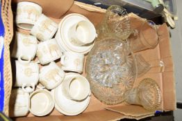 BOX CONTAINING GLASS WARES INCLUDING PUNCH BOWL AND CHURCHILL CUPS, SAUCERS ETC