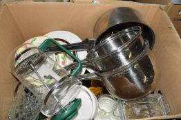 BOX CONTAINING KITCHEN WARES, POTS, PANS ETC