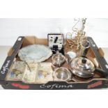 BOX CONTAINING MAINLY PLATED ITEMS, TEA POT, SUGAR BOWL, MILK JUG, SET OF PLATED TEA SPOONS