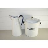 METAL KITCHEN WARES, LARGE FLOUR BIN AND COVER, LARGE METAL JUG