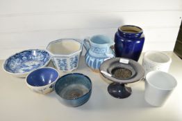 POTTERY ITEMS INCLUDING A BUCHAN POTTERY JUG, CHINESE OCTAGONAL JARDINIERE AND STAND ETC