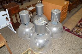 SET OF FOUR LARGE INDUSTRIAL TYPE HANGING LIGHT FITTINGS, EACH DIAM APPROX 52CM