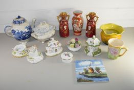 BOX CONTAINING MISC CHINA ITEMS, COALPORT PASTILLE BURNERS, JAPANESE ARETA STYLE VASE, BLUE AND