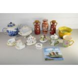 BOX CONTAINING MISC CHINA ITEMS, COALPORT PASTILLE BURNERS, JAPANESE ARETA STYLE VASE, BLUE AND