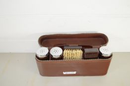 BOX CONTAINING GENTLEMAN'S TOILET ITEMS, BRUSH, BOTTLES ETC