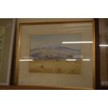 WATERCOLOUR OF A SAFARI PARK SCENE WITH MOUNTAIN IN BACKGROUND, SIGNED S TRINDER