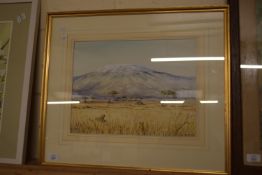 WATERCOLOUR OF A SAFARI PARK SCENE WITH MOUNTAIN IN BACKGROUND, SIGNED S TRINDER