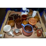 TRAY CONTAINING MAINLY POTTERY ITEMS, JUGS, ONE DOULTON STYLE WITH PLATED MOUNT AND ART POTTERY