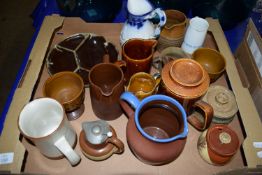 TRAY CONTAINING MAINLY POTTERY ITEMS, JUGS, ONE DOULTON STYLE WITH PLATED MOUNT AND ART POTTERY