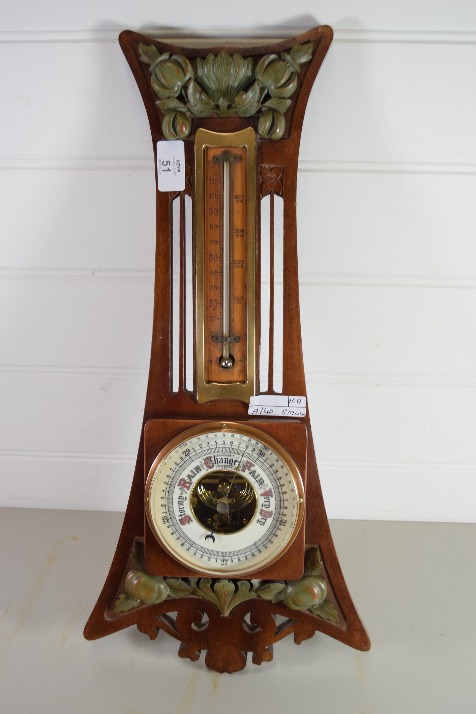 CIRCULAR BAROMETER AND THERMOMETER IN WOODEN FRAME