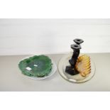 RANGE OF GLASS WARES AND CERAMICS, TWO GREEN GLAZED SERVING DISHES, PAIR OF CANDLESTICKS ETC