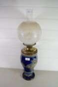 OIL LAMP WITH DOULTON STONEWARE BASE WITH WHITE FUNNEL AND DECORATED WHITE SHADE