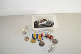 SMALL BOX CONTAINING BADGES INCLUDING SILVER ARP BADGE ETC