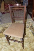 UPHOLSTERED BEDROOM CHAIR WITH TURNED LEGS AND CARVED DECORATION, WIDTH APPROX 40CM MAX