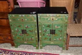 PAIR OF MODERN LOW BEDSIDE CABINETS WITH CHINOISERIE DECORATION
