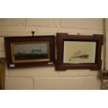 FRAMED OIL ON BOARD PICTURE OF A STEAMER TOGETHER WITH A PRINT OF AN OCEAN LINER