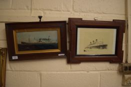 FRAMED OIL ON BOARD PICTURE OF A STEAMER TOGETHER WITH A PRINT OF AN OCEAN LINER