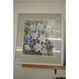 WATERCOLOUR OF FLOWERS SIGNED R BUCKNELL IN WHITE WOODEN FRAME