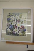 WATERCOLOUR OF FLOWERS SIGNED R BUCKNELL IN WHITE WOODEN FRAME