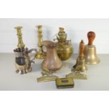 TRAY CONTAINING PAIR OF BRASS CANDLESTICKS, BRASS BELL ETC