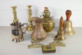 TRAY CONTAINING PAIR OF BRASS CANDLESTICKS, BRASS BELL ETC