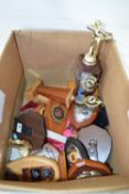 BOX CONTAINING TROPHIES, SOME WITH WOODEN MOUNTS