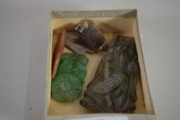 SMALL BOX CONTAINING JADEITE MODEL OF AN ORIENTAL SAGE ETC