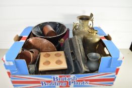 LARGE BOX CONTAINING METAL WARES ETC, CASED TOILET SET, LARGE COPPER VASE ETC