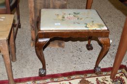 FLORAL UPHOLSTERED MAHOGANY PIANO STOOL WITH BALL AND CLAW FEET