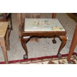 FLORAL UPHOLSTERED MAHOGANY PIANO STOOL WITH BALL AND CLAW FEET